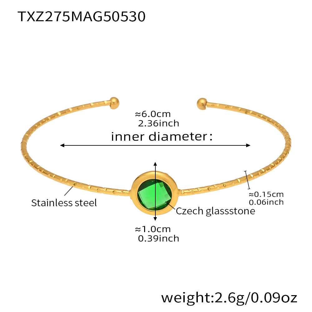stainless steel open bangle, 18K gold plated, 6.0cm inner diameter, 1.0cm green round faceted Czech glass stone, weight 2.6g