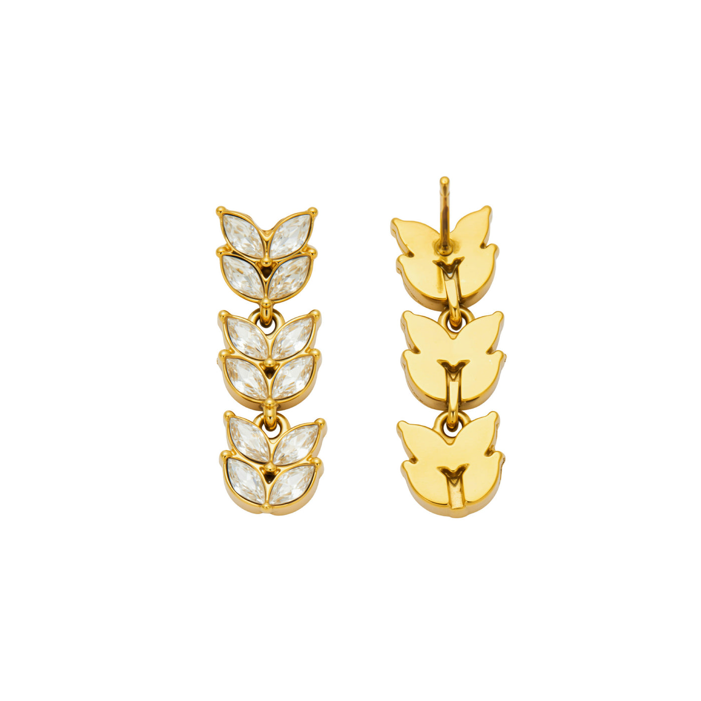 Gold wheat motif cubic zirconia drop earrings in 316L stainless steel