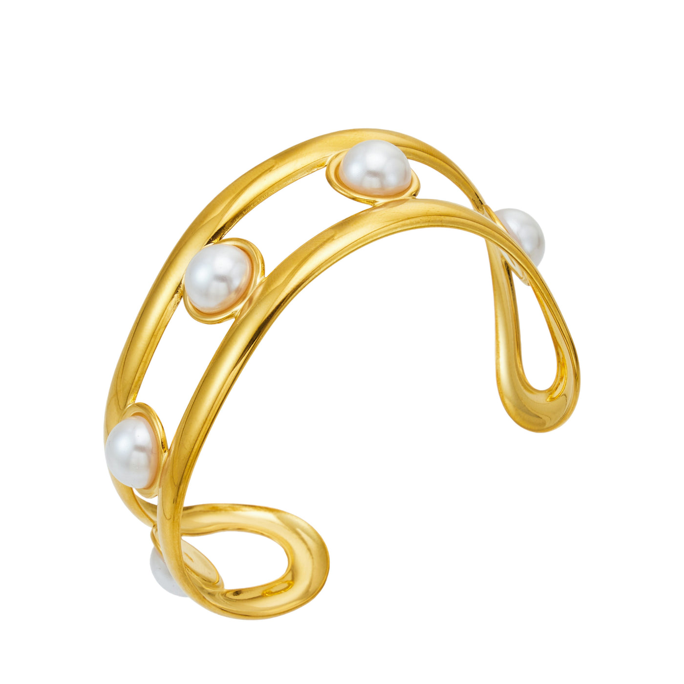 Wide gold cuff bracelet with white faux pearl accents and a sculptural multi-band design