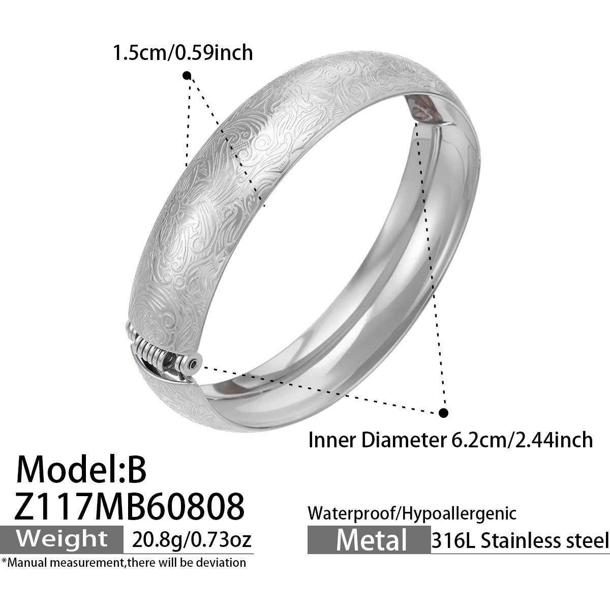 Z117 polished steel floral engraved wide bangle A size and detail guide