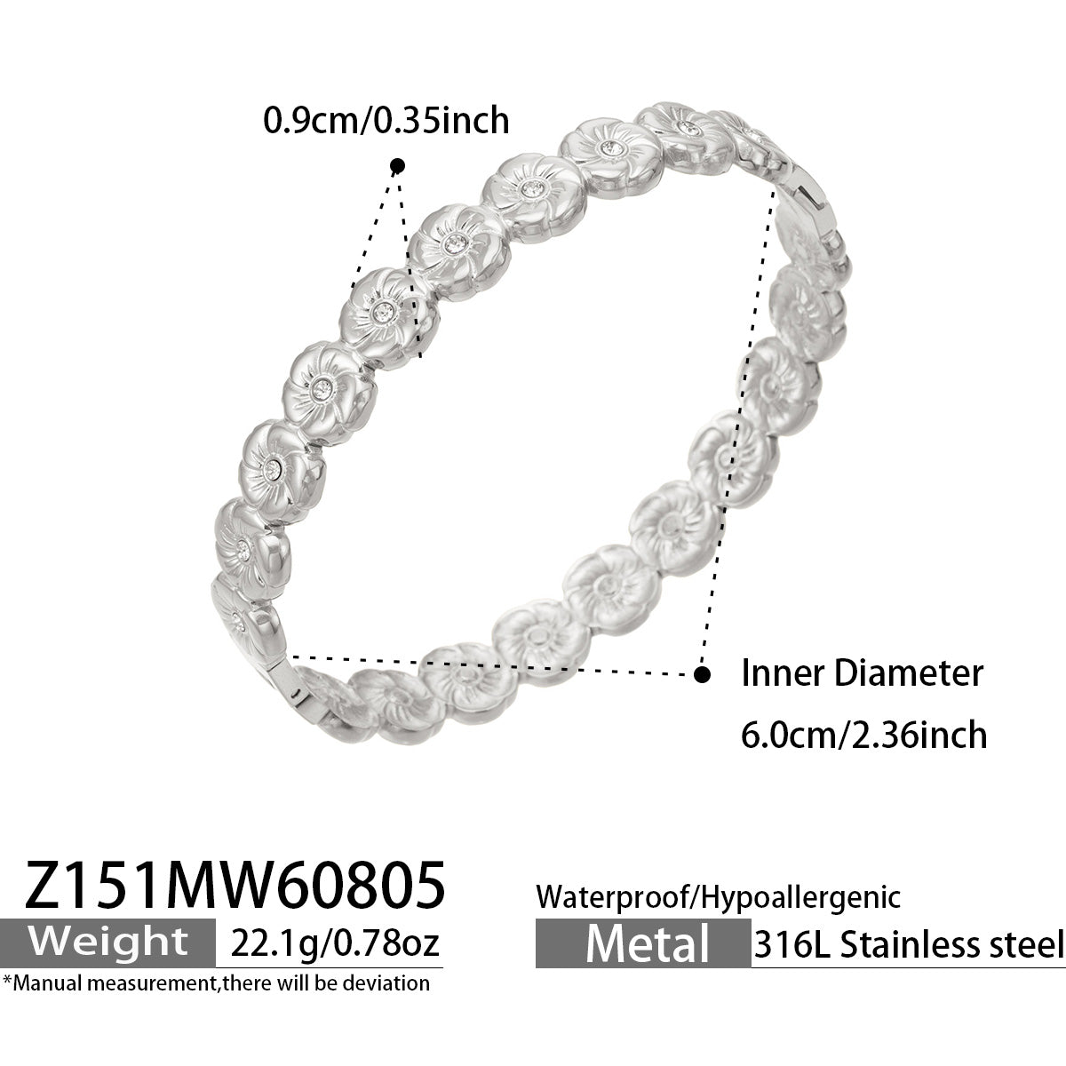 Z151 polished steel floral cubic zirconia hinged bangle size and product detail guide