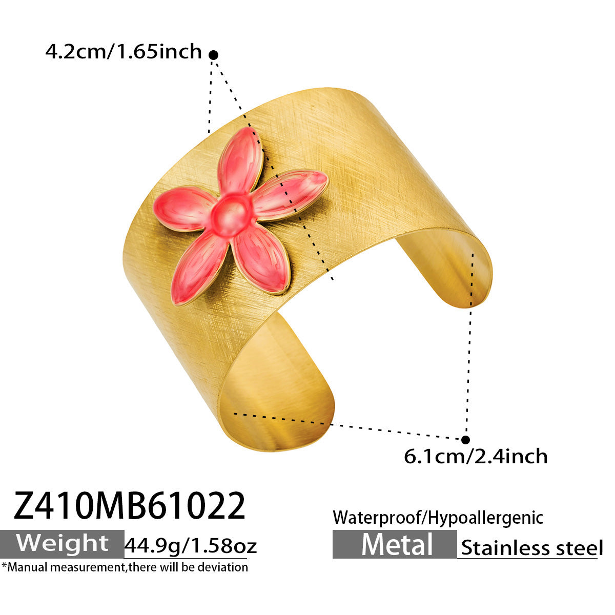Z410 gold-tone cuff bangle with pink flower detail and size specifications