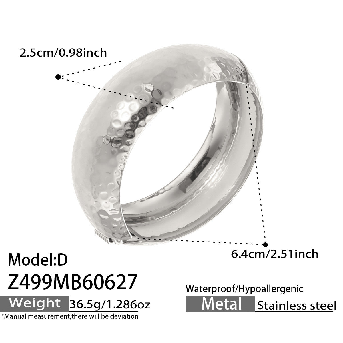 Z499 model D steel tone hammered wide bangle bracelet made from 316L stainless steel, 2.5cm wide statement bracelet for wholesale jewelry buyers