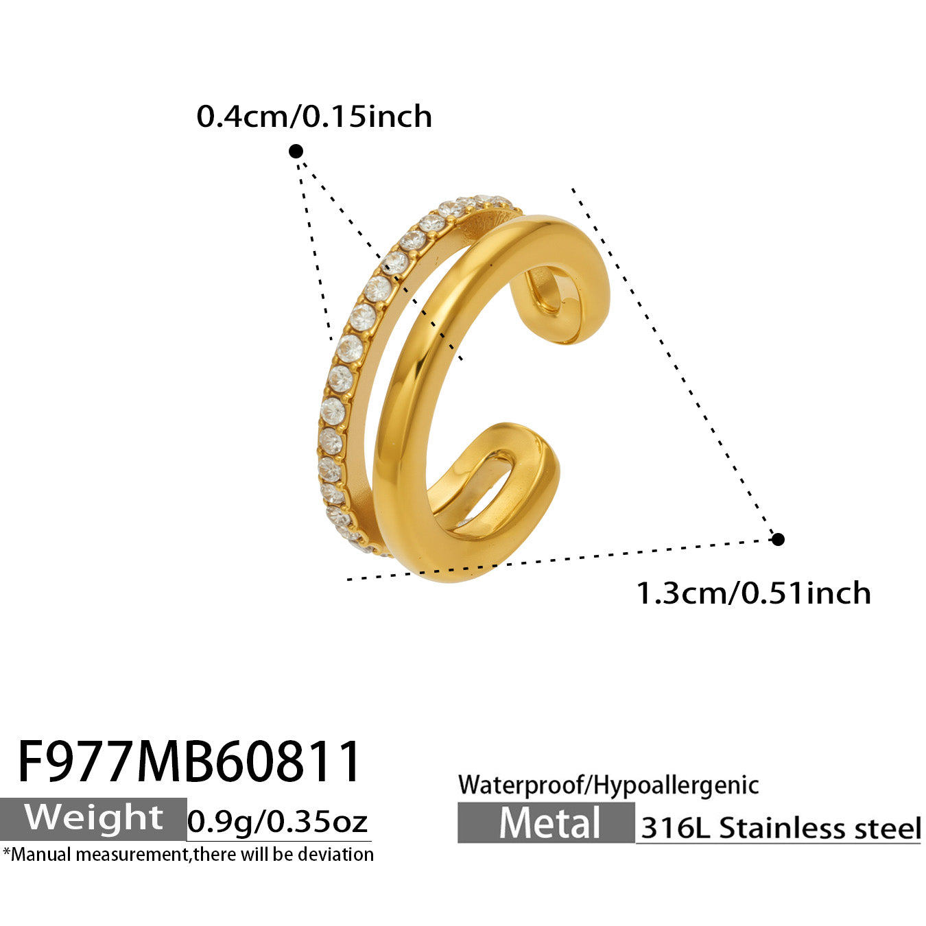 Chic 316L Stainless Steel Double Layer Ear Clips in Gold Color