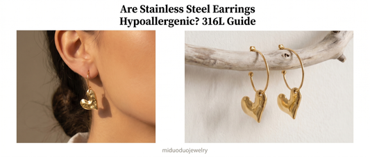 Miduoduo jewelry guide: 18k PVD gold plated 316L stainless steel heart hoop earrings for sensitive ears, showing model wear and product detail.