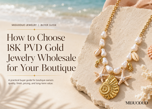 Miduoduo Jewelry buyer guide banner, how to pick 18K PVD gold ocean shell starfish pearl necklaces wholesale for boutique store, waterproof stainless steel coastal vacation jewelry bulk supply