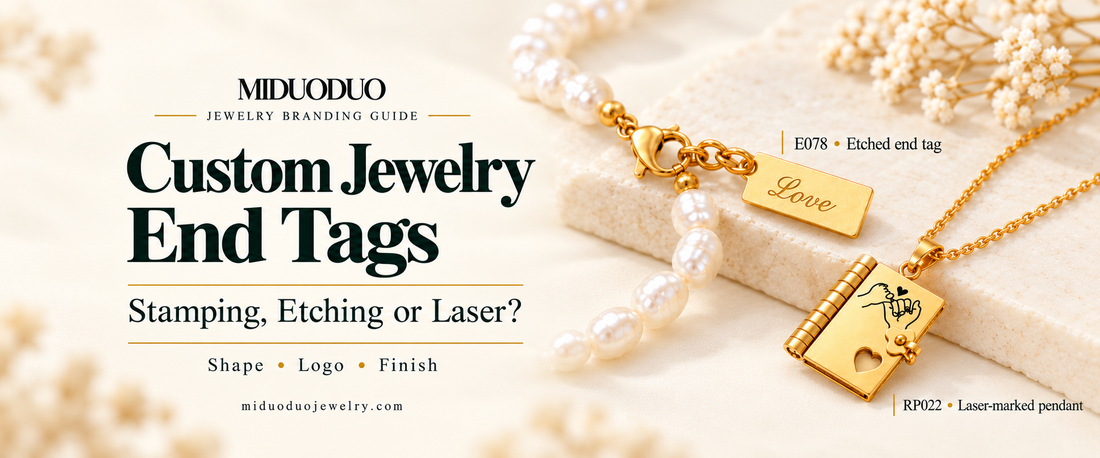 Custom jewelry end tags guide featuring an E078 etched Love tag and RP022 laser-marked book pendant