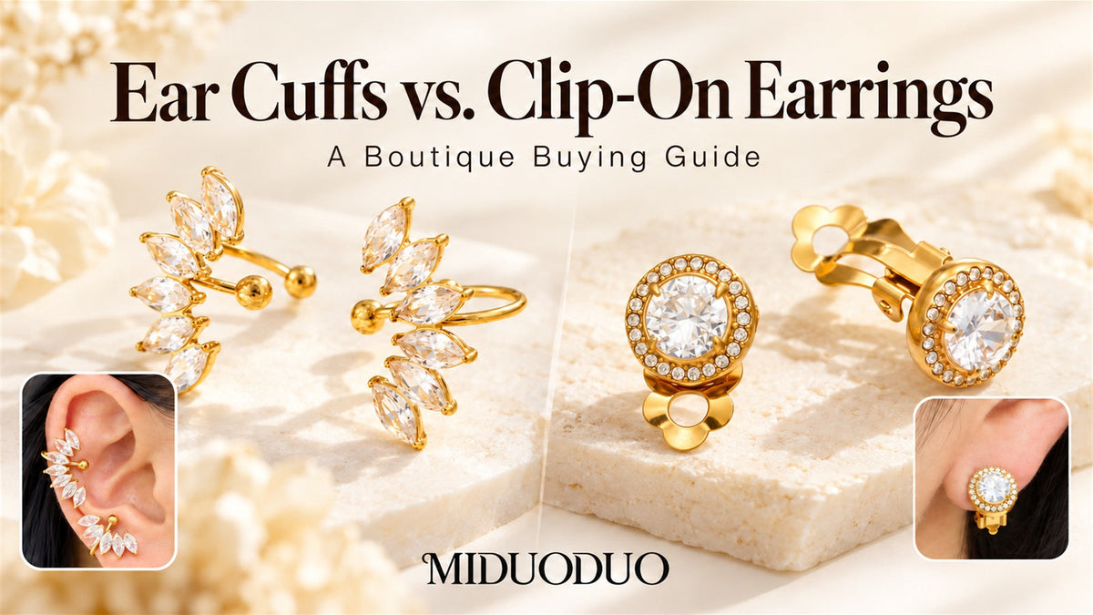 Ear cuffs versus clip-on earrings buying guide showing NF258 open leaf cuffs, NF826 hinged halo clips and wearing examples.