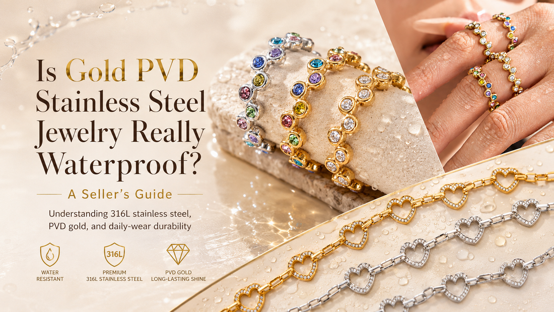 Gold PVD stainless steel jewelry waterproof guide featuring 316L stainless steel rings and heart chain jewelry with water-resistant daily wear styling
