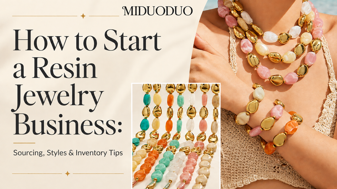 MIDUODUO resin jewelry business guide featuring colorful bead necklaces and bracelets with gold-tone accents, displayed on a model and in a product assortment.