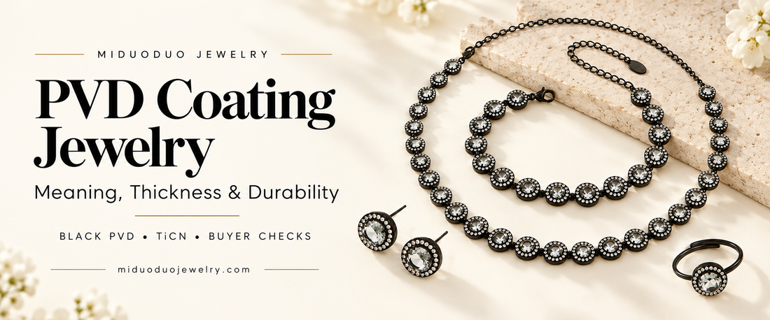 Black PVD jewelry guide with a black-finish halo-stone necklace, bracelet, earrings and ring on an ivory background.