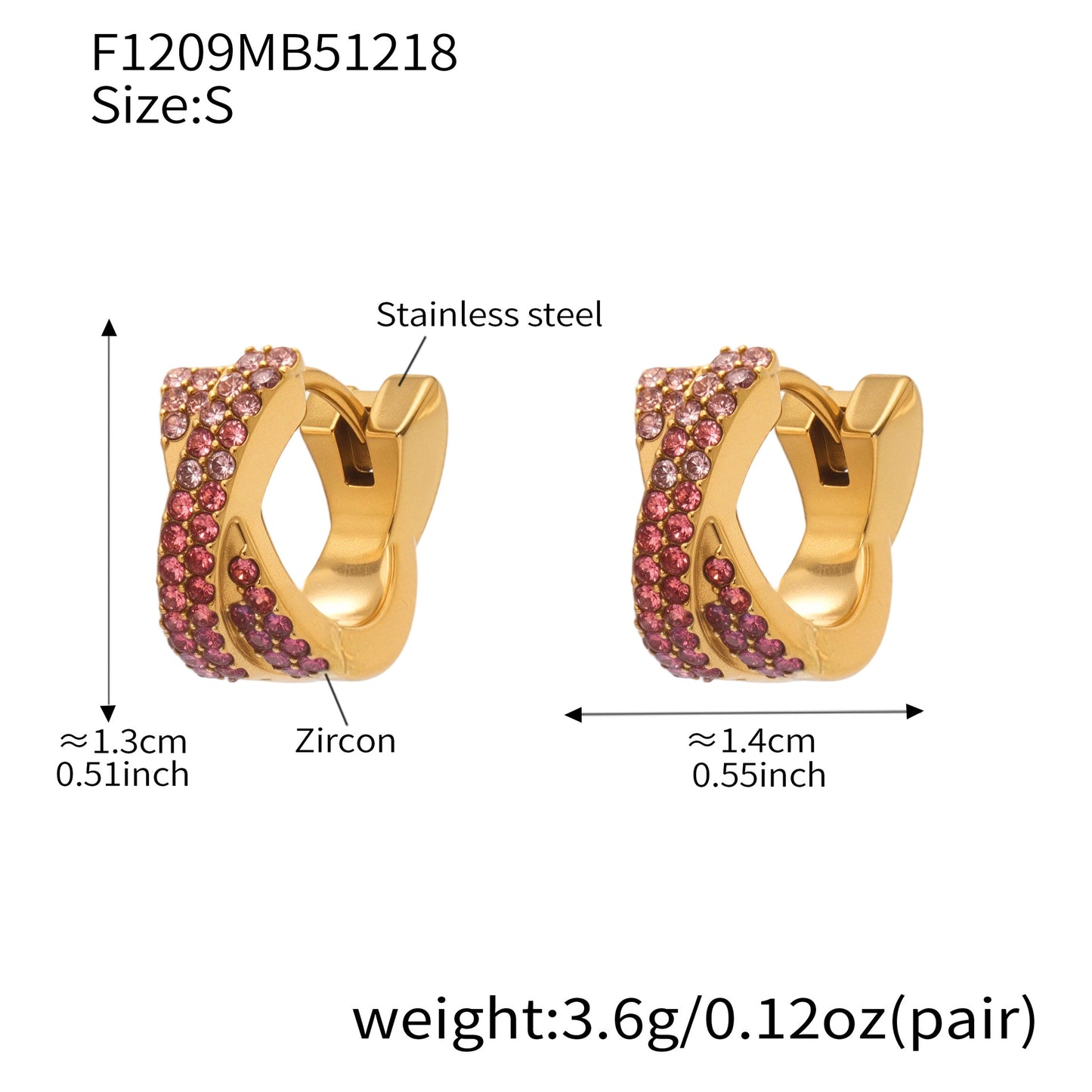 316L Stainless Steel 18K Gold Plated Colorful Zircon Criss-Cross Huggie Hoop Earrings