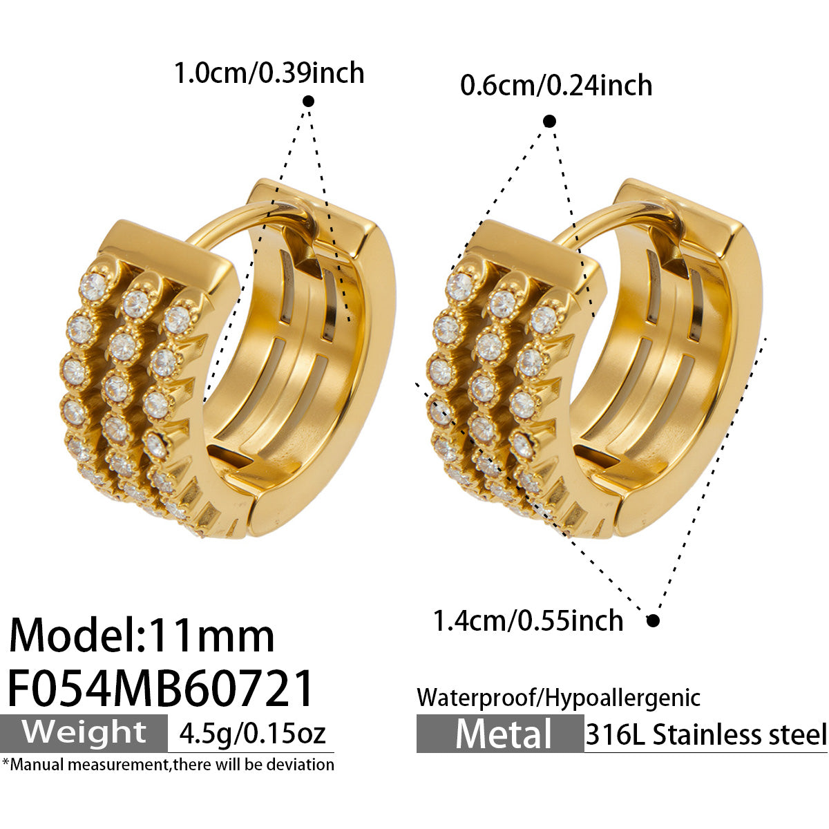 11 mm triple-row pavé zircon huggie earrings size and product specification guide