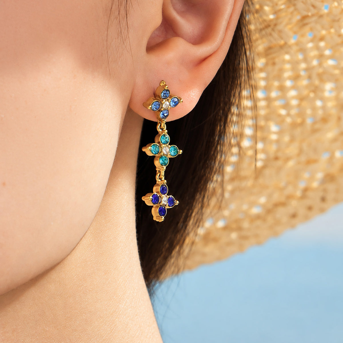 Three-Flower Zircon Drop Earrings | Stainless Steel