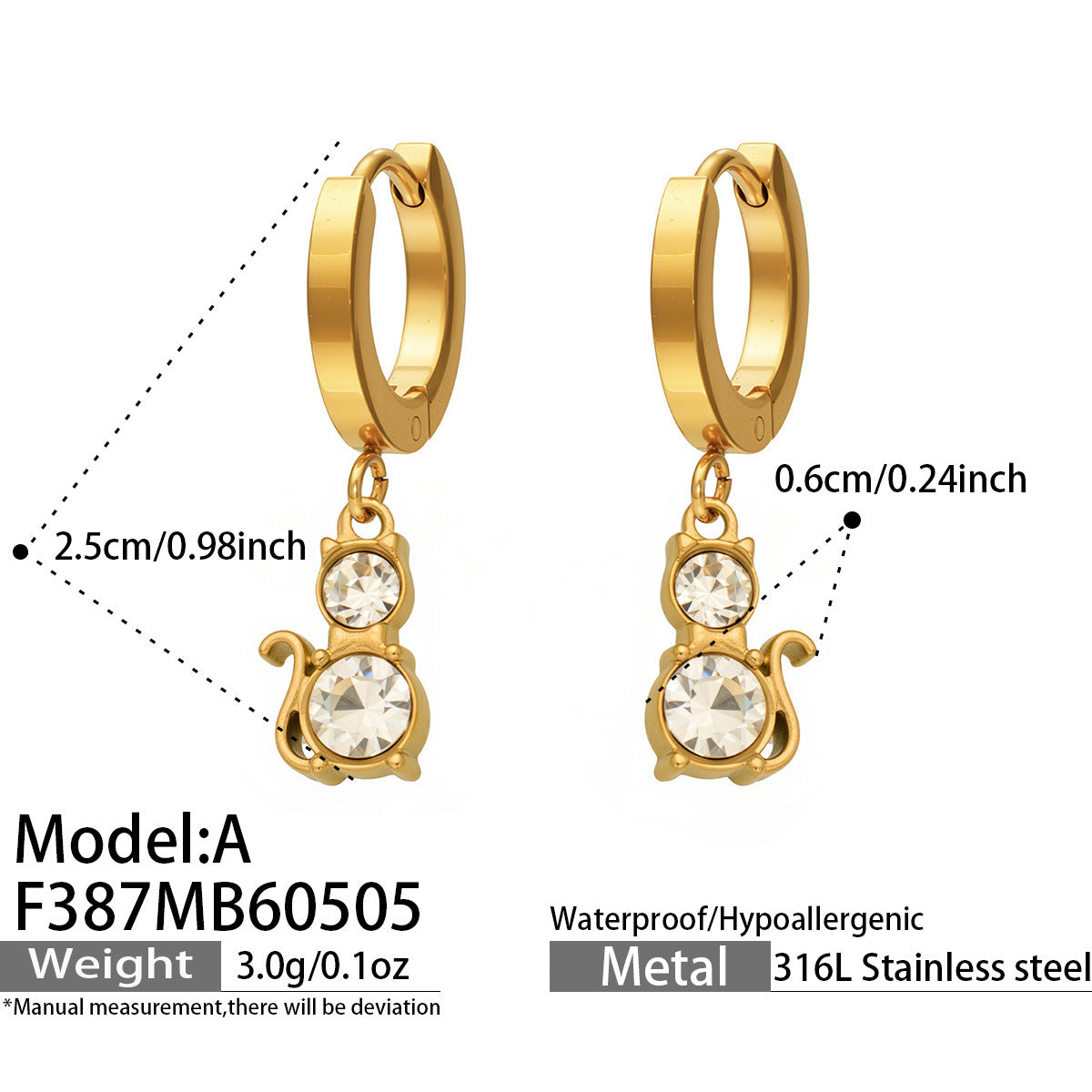 316L Stainless Steel 18K Gold PVD Cat Ear Zircon Earrings