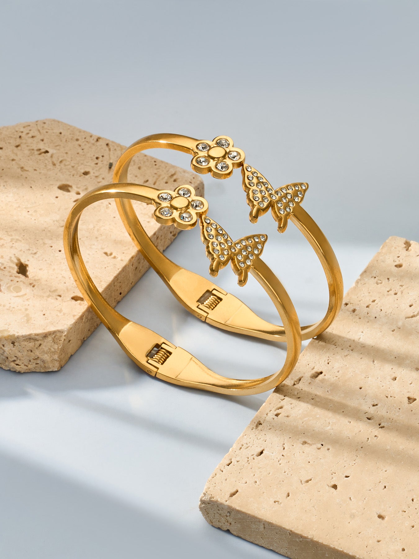 316L Stainless Steel 18K Gold PVD Zircon Flower Butterfly Pave Bangle