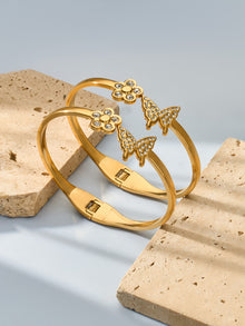 316L Stainless Steel 18K Gold PVD Zircon Flower Butterfly Pave Bangle