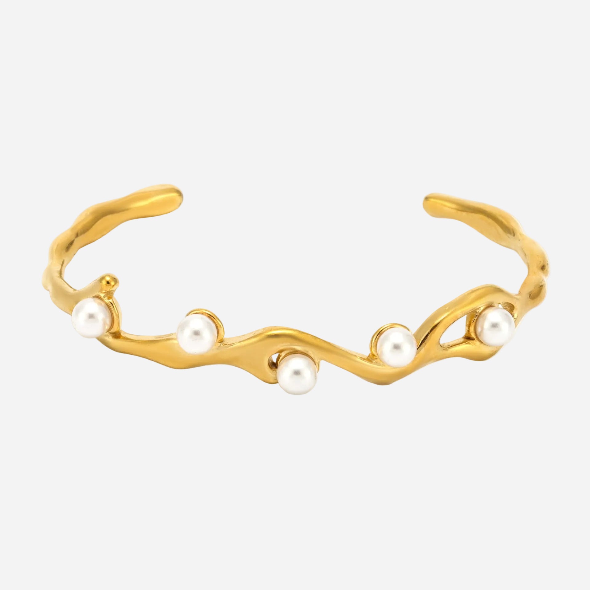 18K gold plated titanium steel open bangle with branch design and faux pearls
