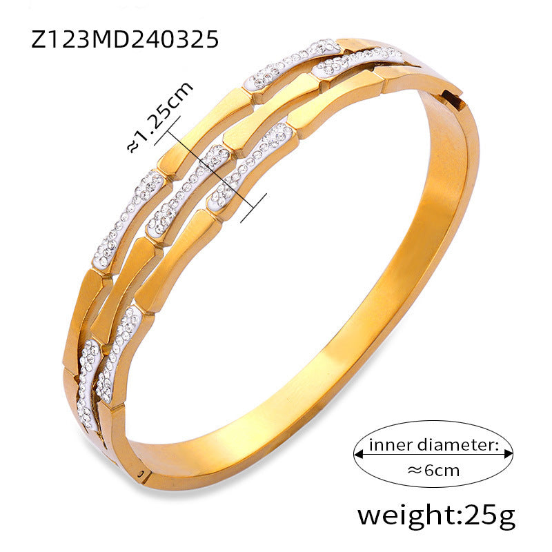 18K gold plated double strip zircon bangle (Z123MD240325), inner diameter 6cm, weight 25g