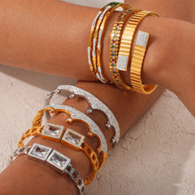 18K gold plated & silver geometric zircon bangle set, layered on wrist, retro niche statement jewelry