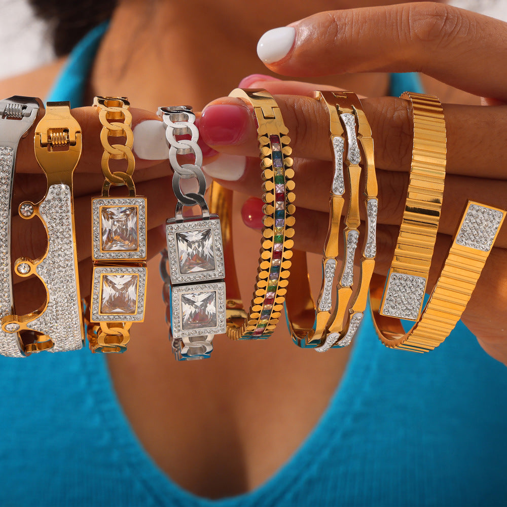 18K gold plated & silver zircon bangle set, displayed on hand, retro niche geometric jewelry