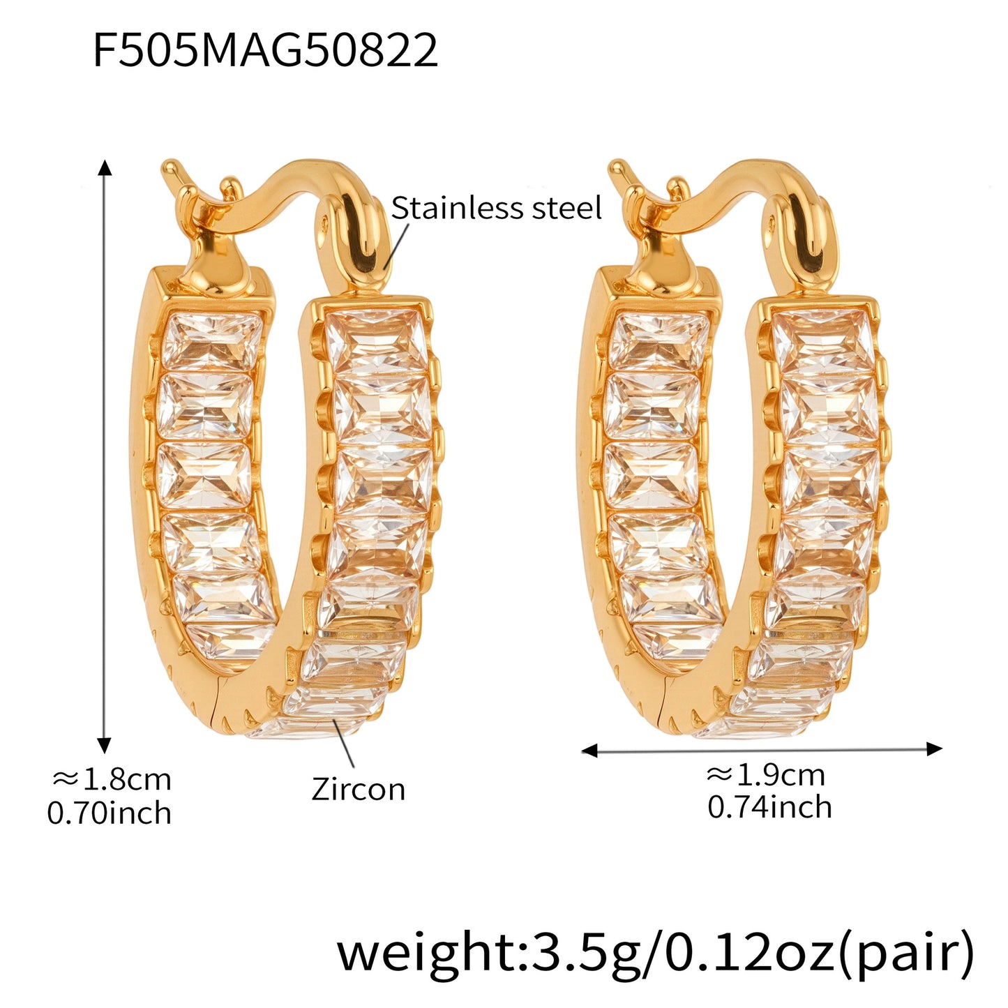 316L Stainless Steel 18K Gold PVD Full Zircon Hoop Earrings