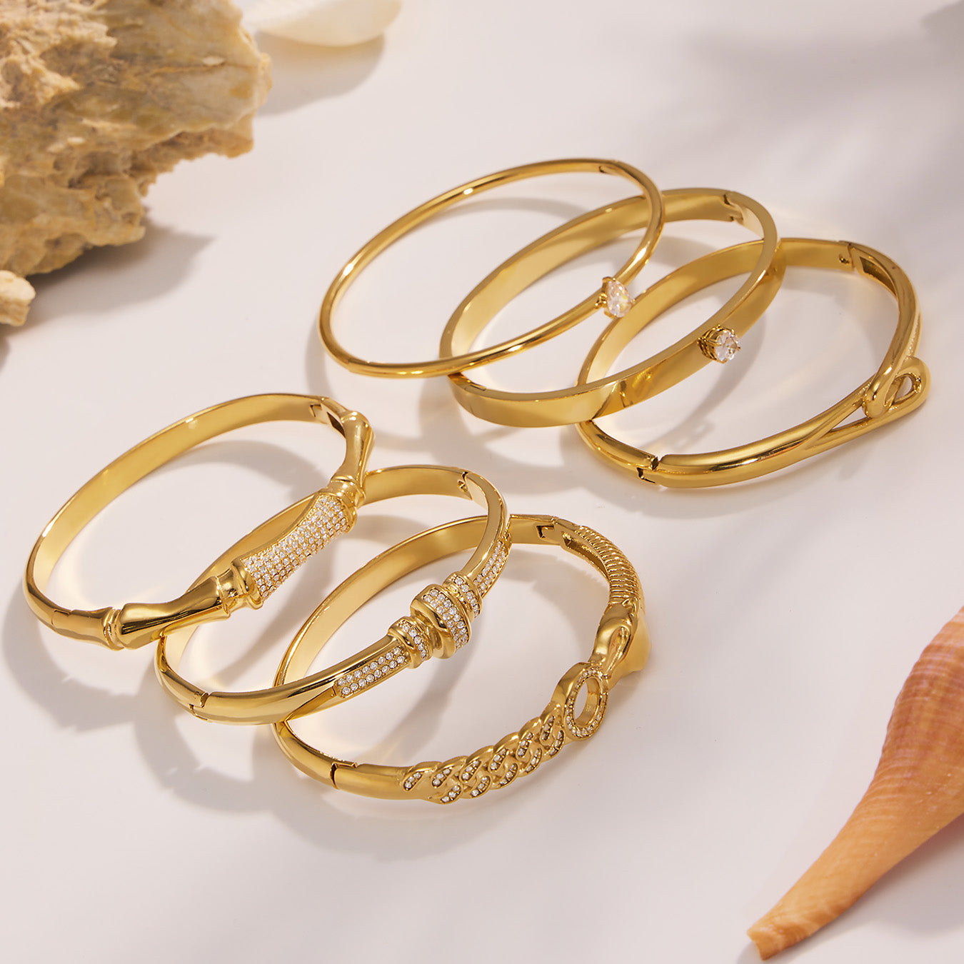 18k gold 5a zircon bamboo bracelet set displayed on white background, versatile fashion jewelry