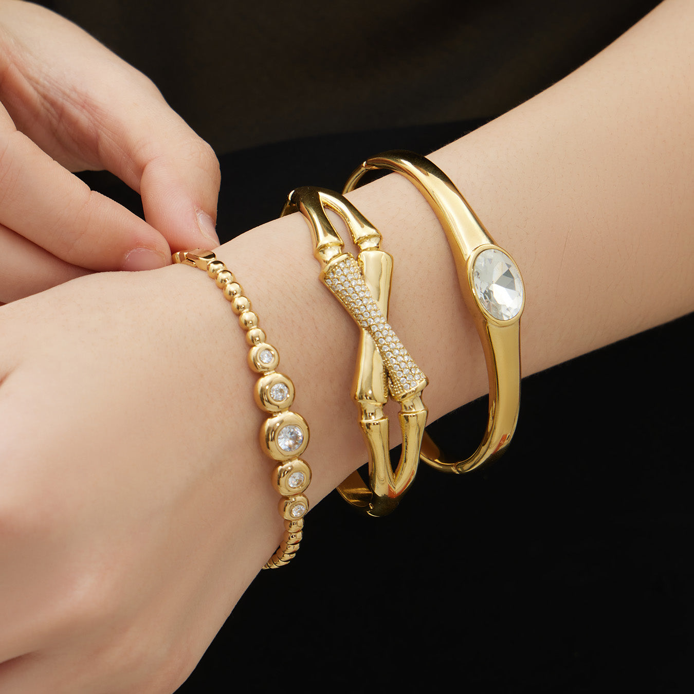 316L Stainless Steel 5A Zircon Clip-On Bangle Set with PVD Gold