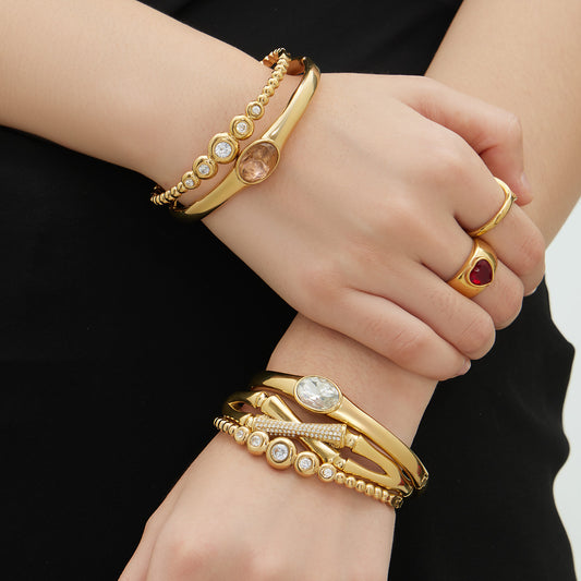 316L Stainless Steel 5A Zircon Clip-On Bangle Set with PVD Gold