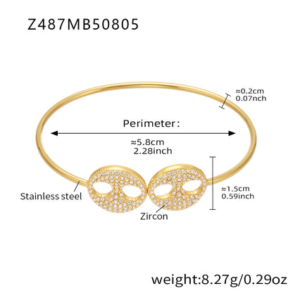 18K gold plated stainless steel double-circle zircon bangle spec view (5A zircon), perimeter 5.8cm, weight 8.27g