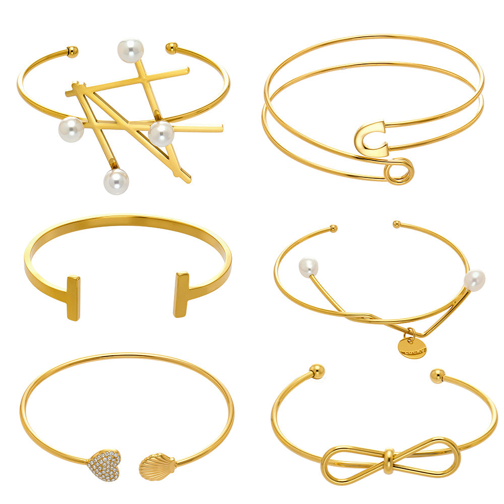 18K gold geometric line & pearl open bangle set (6 styles) on white background, minimalist luxury jewelry