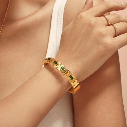 18K gold-plated green zircon clasp bangle on wrist, elegant daily gem jewelry