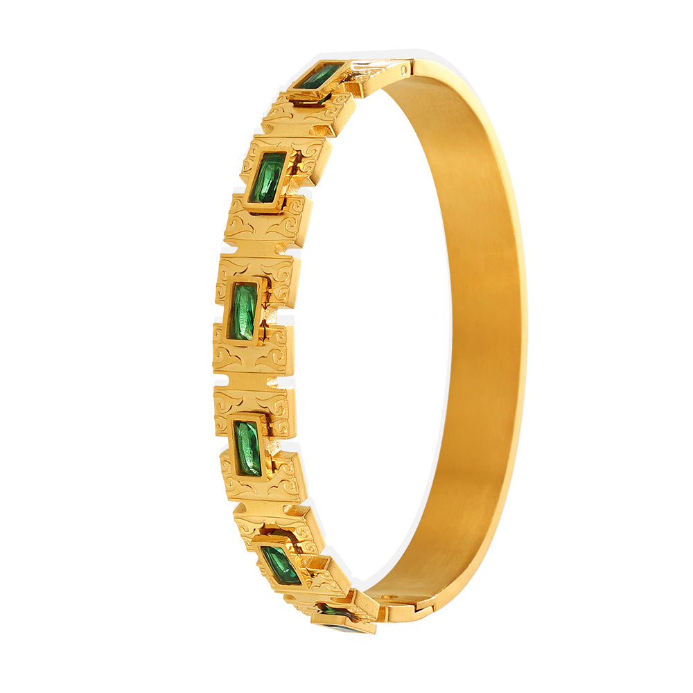 18K gold-plated green zircon clasp bangle on white background, minimalist luxury design