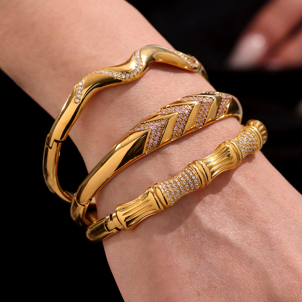 18K gold plated irregular geometric bamboo joint zircon bracelets on wrist