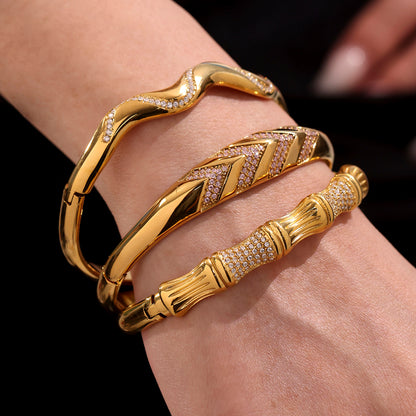 18K gold plated irregular geometric bamboo joint zircon bracelets on wrist
