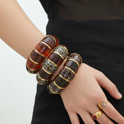 model stacking 18k gold leopard print resin stainless steel bracelets, trendy european style