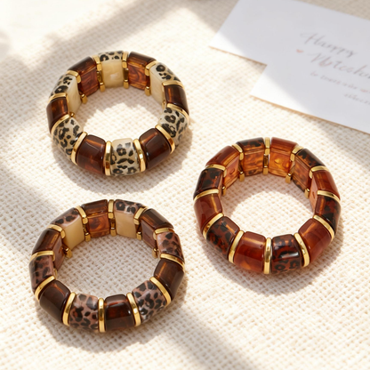 18k gold leopard print resin stainless steel bracelet set, multi-style elastic stretch jewelry