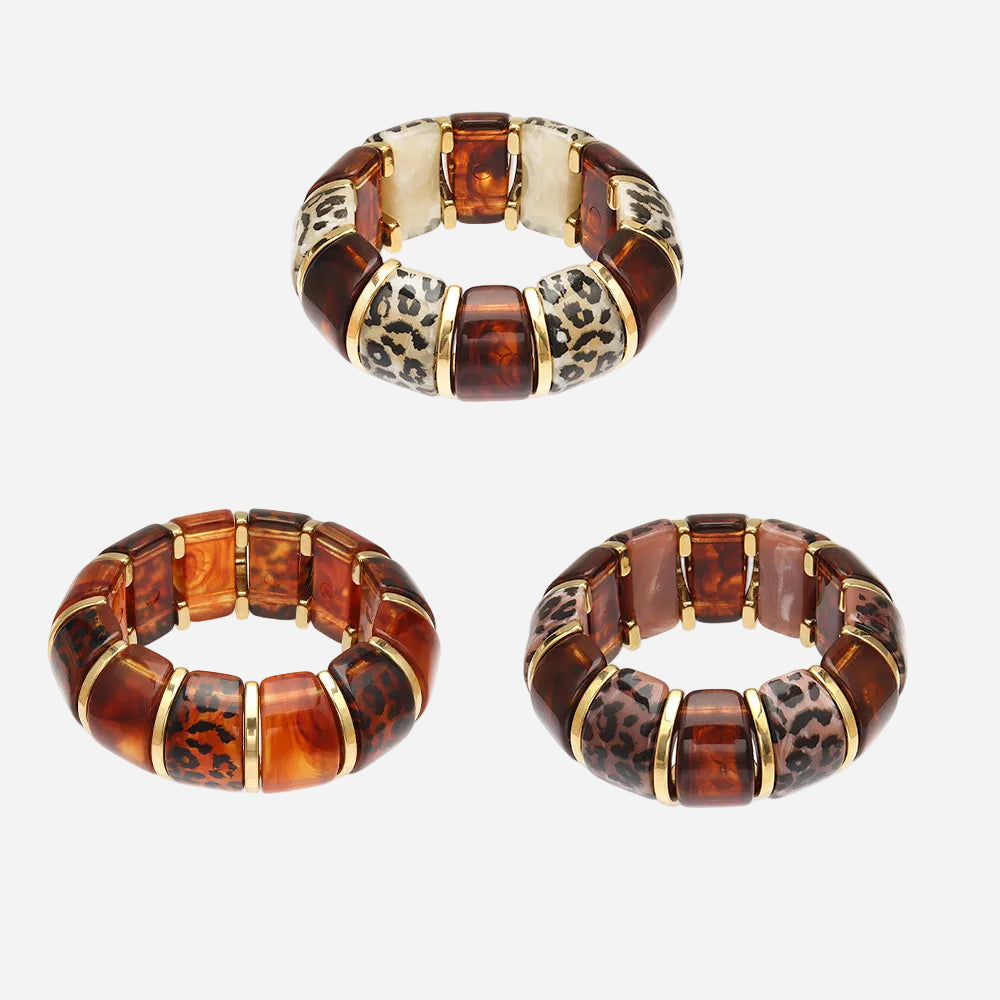 18k gold leopard print resin stainless steel bracelet set (3 styles) on white background, bold european fashion jewelry