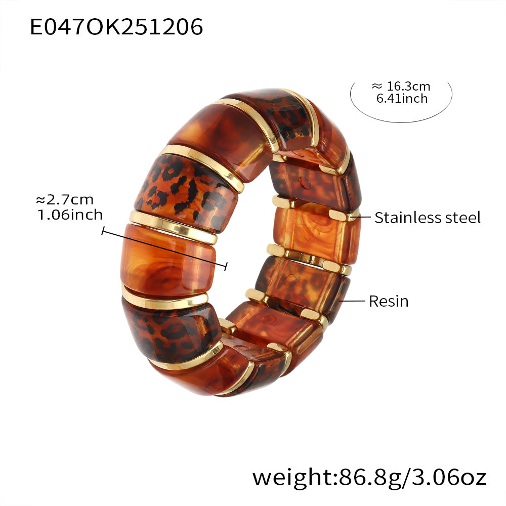 18k gold leopard print resin stainless steel bracelet spec view (brown leopard), 16.3cm length, weight 86.8g