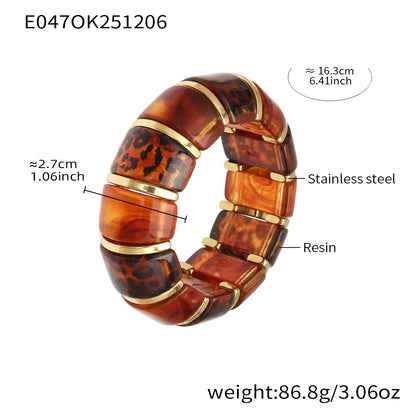 18k gold leopard print resin stainless steel bracelet spec view (brown leopard), 16.3cm length, weight 86.8g