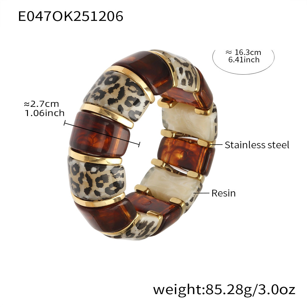 18k gold leopard print resin stainless steel bracelet spec view (cream leopard), 16.3cm length, weight 85.28g