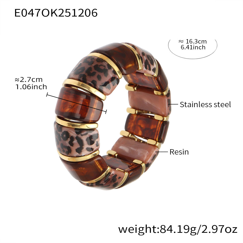 18k gold leopard print resin stainless steel bracelet spec view (pink brown leopard), 16.3cm length, weight 84.19g