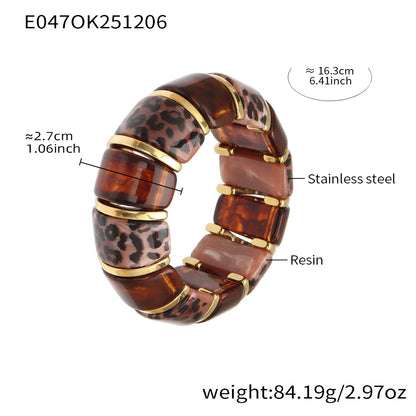 18k gold leopard print resin stainless steel bracelet spec view (pink brown leopard), 16.3cm length, weight 84.19g