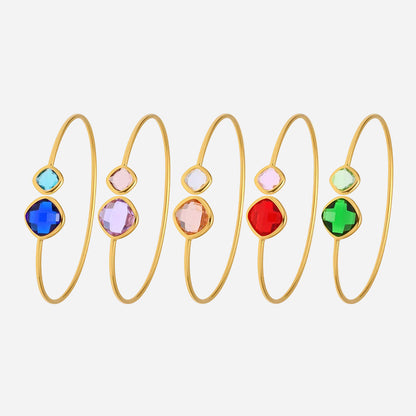 18k gold multi-color Czech glass stone open bangle set on white background, wholesale minimalist jewelry
