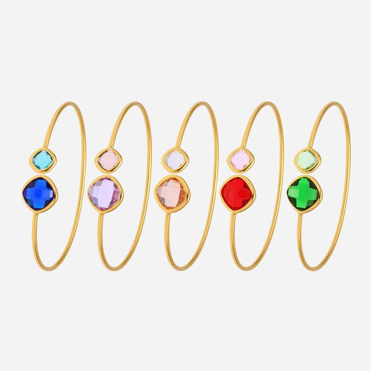 18k gold multi-color Czech glass stone open bangle set on white background, wholesale minimalist jewelry