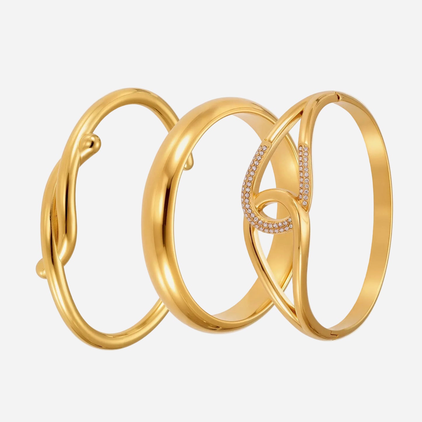 18K gold plated bangle set (3 styles) on white background, european luxury design