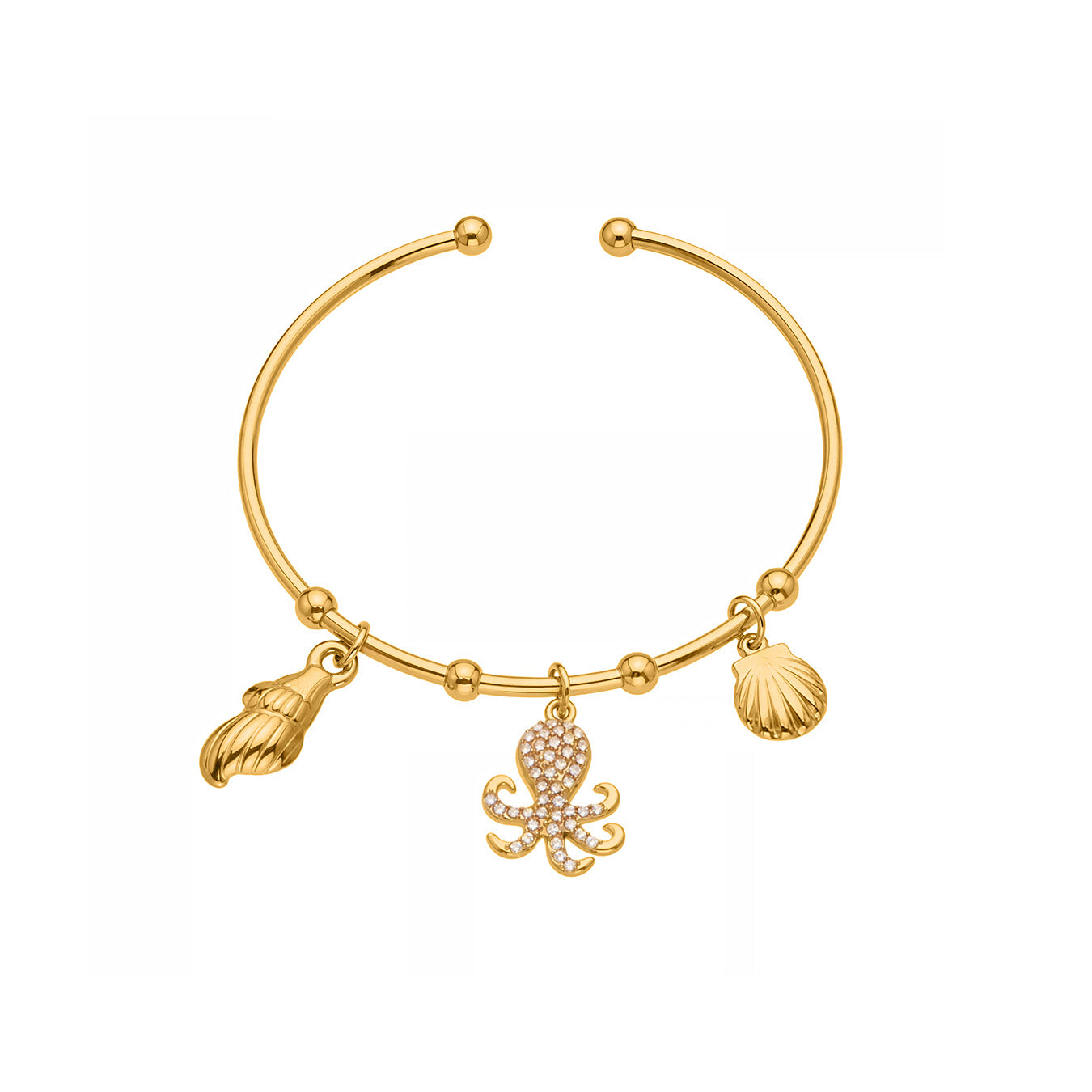 18K gold plated ocean shell/octopus bangle on white background, zircon-accented beach jewelry