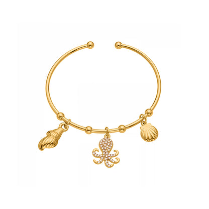 18K gold plated ocean shell/octopus bangle on white background, zircon-accented beach jewelry
