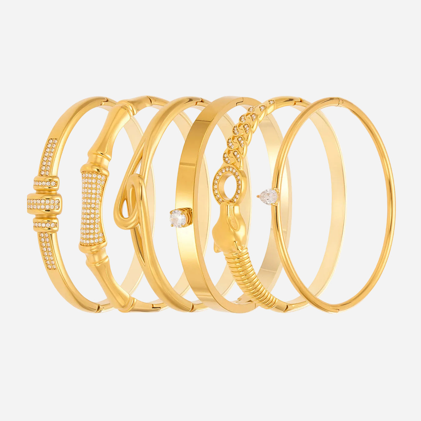 18k gold plated 5a zircon bamboo design bracelet set, stainless steel clip-on bangle collection