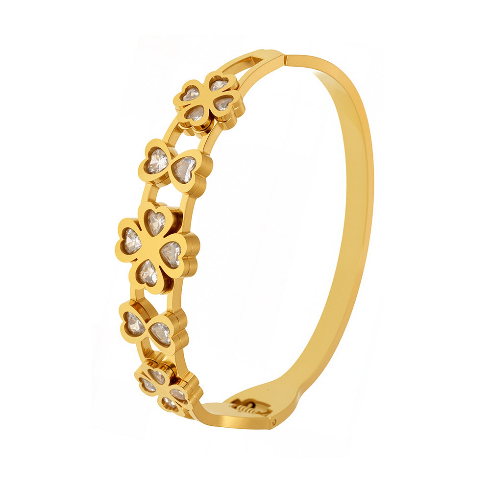 18k gold plated 5A zircon heart four-leaf flower bangle: vacuum electroplated luxury design